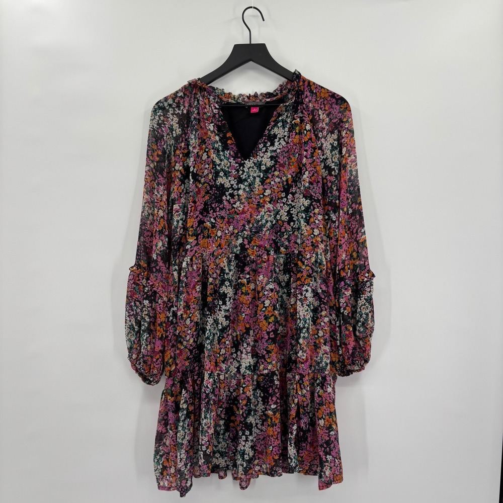 Vince‎ Camuto Tiered Midi Dress Womens Small Floral Ruffle Neck Long Sleeve Boho